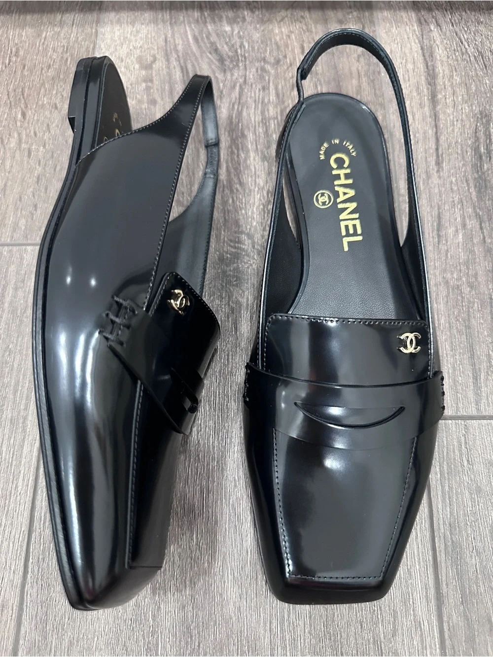 NEW 2026 CHANEL BLACK LEATHER SLINGBACK HALF LOAFER SHOES GOLD CC LOGO 37C BLAZY